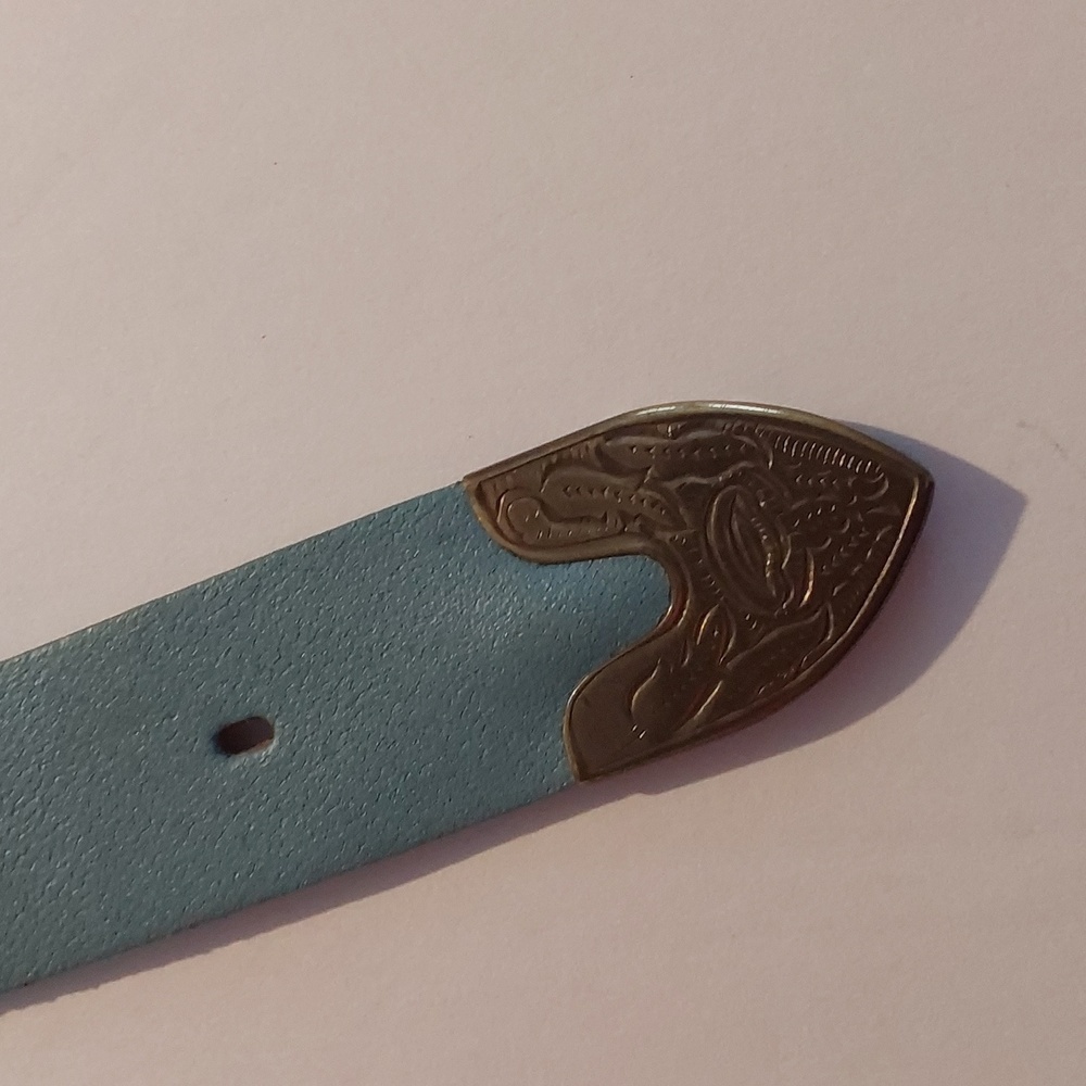 Vintage Ice Blue Leather Beaded aztec Design Belt Brass TONE Buckle Sz.M - Picture 5 of 7